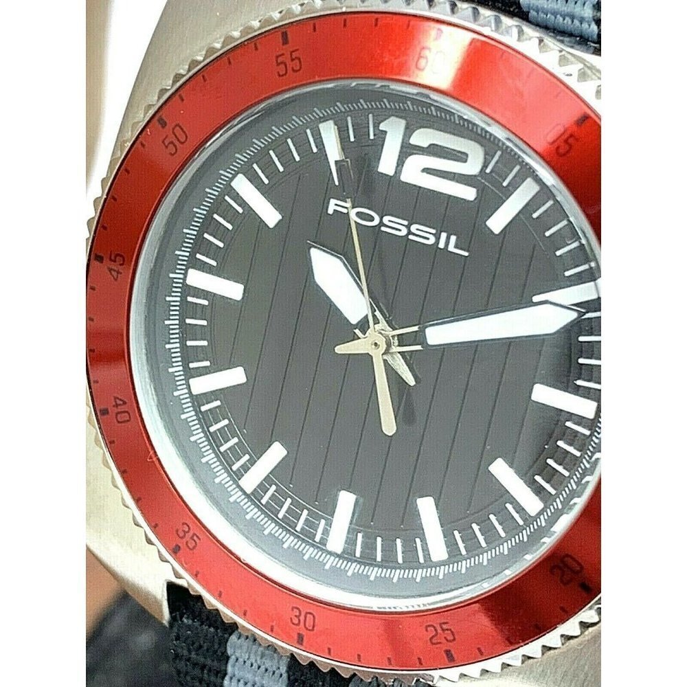 Fossil Men's Watch WB1042 Quartz Red Bezel 38mm Black Gray Nylon NATO St…